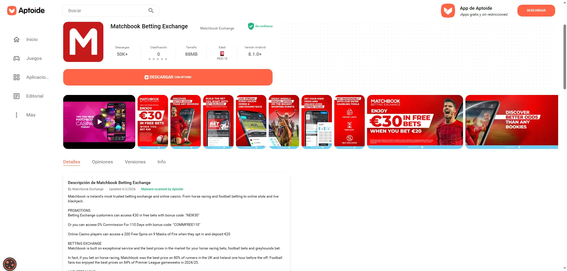 App m&oacute;vil Matchbook Casino para Android e iOS experiencia completa